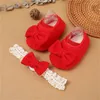 First Walkers 0-12M Baby Baptism Shoes And Headband Set Bowknot Mary Jane Flats Lace Hairband For Girls