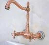 Kitchen Faucets Antique Red Copper Brass Wall Mounted Bathroom Sink Faucet Swivel Spout Mixer Tap Double Cross Handles Levers Anf943