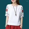 Blusas Femininas Étnicas Vintage Brancas Florais Bordadas Para Mulheres Soltas Camisa Manga Lanterna Bordadas Algodão Linho Blusas Casual Blusas