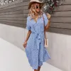 Abiti casual di base Donna Beach Boho Abito estivo Vintage floreale a vita alta Abiti a maniche corte Bottone con scollo a V Stile di vacanza Abiti femminili 230710