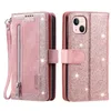 Étuis portefeuille en cuir multifonctions pour Iphone 15 Plus 14 Pro MAX Samsung A24 A54 A04E A34 Zipper Bling Glitter Sparkle Holder Flip Cover 9 Cards Slot Business Pouch