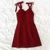 Sukienki na co dzień Lato Francuski Temperament Wino Czerwone Matowe Powierzchni Muszka Talia Szczupła Suspender Sukienka