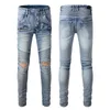 Designer stack jeans europejski fioletowy jean męski haft pikowany zgrywanie dla trendu marki vintage spodnie męskie składane slim skinny fashion Amiris amirs sproste spodnie