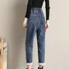 Jeans da donna 2023 Inverno Addensare Caldo Vintage Vita alta Slim Blu Carota Harun Pantaloni Peluche Moda Casual Papà