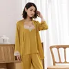 Damen-Nachtwäsche, langärmelig, Kimono-Bademantel, Kleid, sexy Spitze, Leopardenmuster, 3-teilig, für Damen, Trägerhose, Robe, Pyjama, Loungewear-Roben-Set