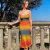 Sıradan Elbiseler Puloru Gradyan Renk Spagetti Kayış Midi Elbise 2023 Yaz Kadınlar Kolsuz Düşük Kesim Parti Kulübü Sokak Giyim
