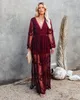 Abiti casual di base Happie Queens Vintage Donna con scollo a V Manica lunga Ruffles Bohemian Beach Maxi Dress Ladies Chiffon Pizzo Scava fuori Abiti Boho 230710