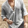 Camisetas masculinas Moda Algodão Linho Cor Sólida Manga 3/4 Decote em V Tops Bandagem Verão Solto Casual Camisa Baggy