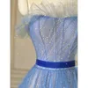 Robes de soirée femmes robe de soirée bleu Style français tempérament Spaghetti sangle Tulle Blingbling bal dames robe formelle