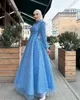 Luxurious perles de perles robes de bal musulman paillettes une ligne arabe Dubaï Soirée robe de fête High Necy Puffy Sleeve Islam Womens Formel Robe 407