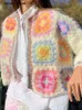 Cardigans 2022 Boho Colored Plaid Flower Hand Crochet Cardigan Vintage Woman O Neck Long Sleeve Open Ing Sweater Knitwear Jumper