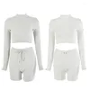 Werkjurken vrouwen geribbeld gebreide 2 -delige outfits set lange mouw coltrui turtleneck crop top drawstring rolled biker shorts solide tracksuit n7ye