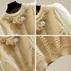 Maglioni da donna con paillettes tempestate di cristalli Perline fiore 3D lavorato a maglia da donna retrò patchwork manica a sbuffo maglione pullover corto autunno 2023