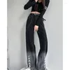 Jeans da donna Gradiente nero Irregolare Trendy High Street Stile Harajuku Design largo Sense Fashion Pantaloni a gamba larga con fascia piccola