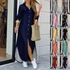 Vestidos casuais elegantes lapelas camisa para mulheres verão manga longa vestido cardigan solto outono escritório senhoras boho festa robe