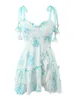 Basic Casual Dresses Boho Inspired Blue Floral Straps Party Dress Bow Tied Shoulder Smocked Bodice Embroidery Summer Chic Ladies Mini 230710