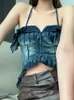 Women's Tanks Vintage Ruffles Denim Stretch Halter Top Women Off Shoulder 2023SS Fashion Short Jeans Tank Tops Girls Sexy Irregular Camis