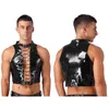 Men's Tank Tops Mens Sleeveless Crop Top For Men Gothic Punk Clubwear Wet Look Patent Leather Vest Hollow Out Eyelet Lace-Up