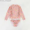 Two-Pieces Baby split swimsuit set suitable for girls floral print ruffled long sleeves top shorts spring and summer children's clothing girls' swimwear 2PCS Z230710