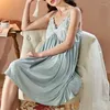 Women's Sleepwear Women Embroidery Lace Trim Nightgown Sexy Strap Top Knee-Length Nightdress Summer Casual Loose Sleepshirts Home Clothing