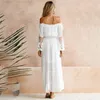 Calças femininas sem alças manga longa vestido de praia branco feminino verão solto sexy fora do ombro renda boho maxi vestido feme