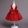 Girl Dresses Baby Girls Satin Plaid Princess Dress Flower Vintage Big V-shape Bow Pageant Kids Birthday Party Ball Gown Christmas Red