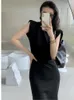 Casual Dresses Black Korean Fashion For Womens Padded Shoulder Sleeveless Crew Neck Vestidos Robe Elbise Slim Long T-Shirt Dress