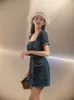 S-elf-Portrait Ladies Denim Dress Square Neck Short Sleeve Mini Shirt Dress