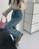 Damesjeans N3187 Mode hoge taille wijde pijpen broek recht papa lang