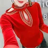 Päls 2022 Autumn Winter Long Sleeve Solid Color Tshirt Vintage Cut Out Chic Diamonds Female Clothing Half High Collar Slim Pullover