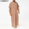 Ethnische Kleidung INCERUN Herren Einfarbige Roben Saudi-Stil Reißverschluss Jubba Thobe Mann Vintage Kurzarm O-Ausschnitt Muslimische arabische islamische Kleidung 5XL 230710
