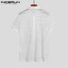 Suits Men Mesh Shirt Lace Lapel Short Sleeve Streetwear Se genom Casual Tops Sexig Party Nightclub Shirts 2023 Camisas 5xl Incerun