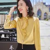 Damenblusen Tunika Damen Satin 2023 Mode Tops Plus Size Elegant OL Fliege Bürohemd Lässige Seidenblusas