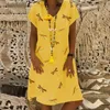 Casual Dresses Vintage Dragonfly Blue Boho Women Solid Color V Neck Short Sleeve Knee-Length Loose Beach Dress Summer Pullover