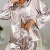 Kvinnors sömnkläder is Silk Pyjamas Set Long-Sleeve Silkesly Satin Women Loungewear Suit Casual Femme Pijamas Fashion Feminino Pajama