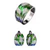 Collier boucles d'oreilles ensemble bijoux classiques pour femmes feuilles de bambou vert éblouissant anneau élégant Fine émail fait à la main