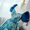 Sparing Blue Prom Dress koronkowe sukienki Quinceanera 2023 Off the ramion kwiaty złota aplikacja do ballicznej suknia podłogowa Długość ukończenia studi