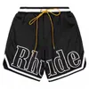 Rhude Shorts de praia masculinos respiráveis de alta qualidade femininos casuais malha trilha oversize Rhude cintura cordão Qyw2