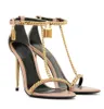 Berühmte Sommer Vorhängeschloss Sandalen Schuhe Frauen T-Riemen Bordsteinkette Gold Metall Gold Schwarz Rosa Stiletto-Absatz Party Hochzeit Dame Sexy Gladiator Sandalen EU35-43