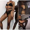 Calze da donna Sexy Lingerie erotica Calze con strass a rete con apertura sul cavallo Maglia attillata Collant alto Party Club Calza nera Senza mutandine