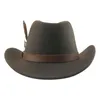 Cowboy Western-hatt för män Kvinnor Bälte Fjäder Panama Jazz Kepsar Vintage Bred Brättad Hatt Khaki Coffee Sombrero Hombre