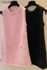 Abiti casual Rosa Abito in maglia nera Donna Elegante lusso O-Collo Tasche senza maniche A-line Mini 2023 Vestido Feminino