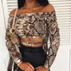 Damblusar Mode Dam Off Shoulder Skjorta Snakeskin Printed Long Sleeve Crop Top Blus Casual Damtopp