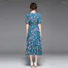 Повседневные платья Chiclady Большой размер 2xl V-образный выстрел с цветочными створками Midi Casal Party Blue Flow