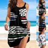 Casual Dresses Women's Summer Round Neck Loose Sleeveless Independence Day 3D Digital Print Sash Skirt Beach Dress Wrap