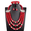 Halsband Örhängen Set Amazing Red Coral Beads Bib Smycken Och Guld Nigerianskt Bröllop 14MM Sten Original WE308