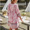 Casual Dresses Women Summer Short Beachwear Dress Long Sleeve V Neck Boho Vintage Floral