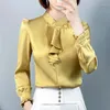 Damenblusen Tunika Damen Satin 2023 Mode Tops Plus Size Elegant OL Fliege Bürohemd Lässige Seidenblusas