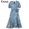 Повседневные платья Chiclady Большой размер 2xl V-образный выстрел с цветочными створками Midi Casal Party Blue Flow