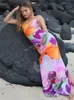 Basic Casual Dresses Tossy Spaghetti Strap Lily Floral Slip Dress Summer Casual Printed Maxi Dresses Backless Bodycon Slim Boho Long Sundress 230710